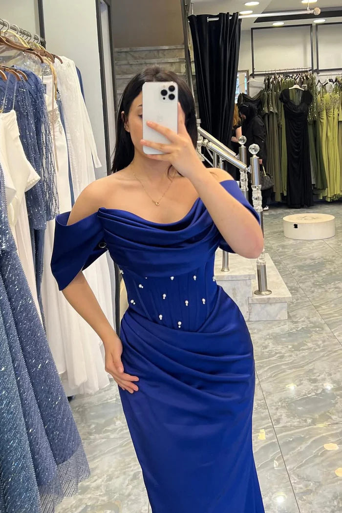 Royal Blue Satin Maxi Prom Dresses with Off Shoulder Draped Neckline Beaded Corset Ruched Waist