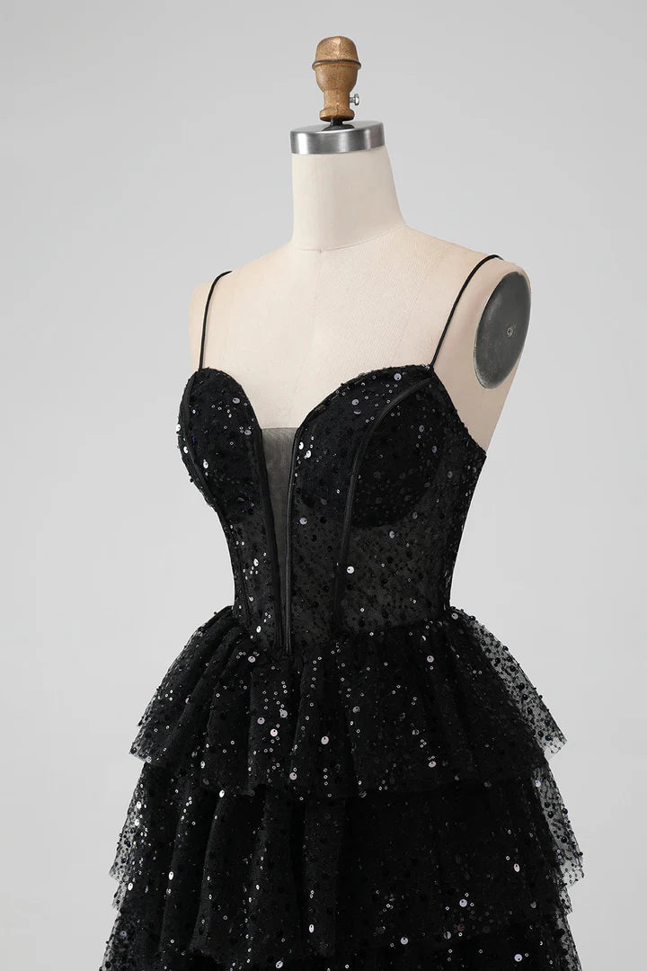 Tulle Sequin Ruffle Tiered Short Homecoming Dress