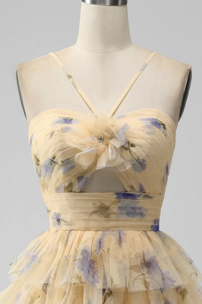 Print Keyhole Ruffle Tiered Short Homecoming Dress