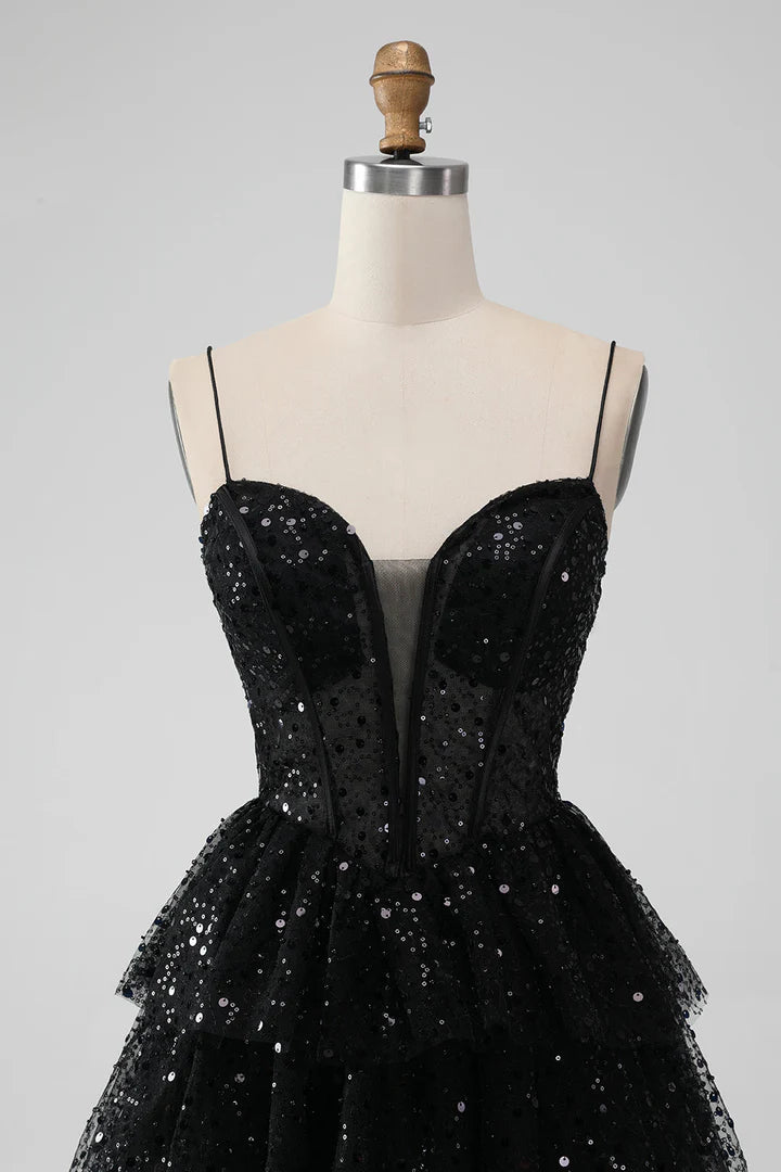 Tulle Sequin Ruffle Tiered Short Homecoming Dress