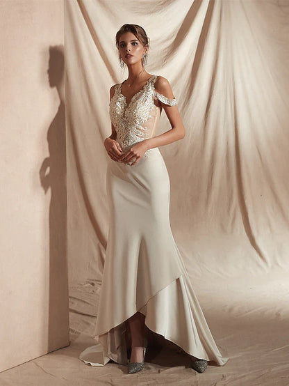 Mermaid Trumpet Wedding Dresses V Neck Asymmetrical Matte Satin Short Sleeve Casual Sexy Illusion Detail Modern with Appliques
