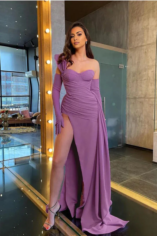 Sheath Mermaid Long Sleeve One Shoulder Sweep/Brush Train Dresses Prom Dress With High Split