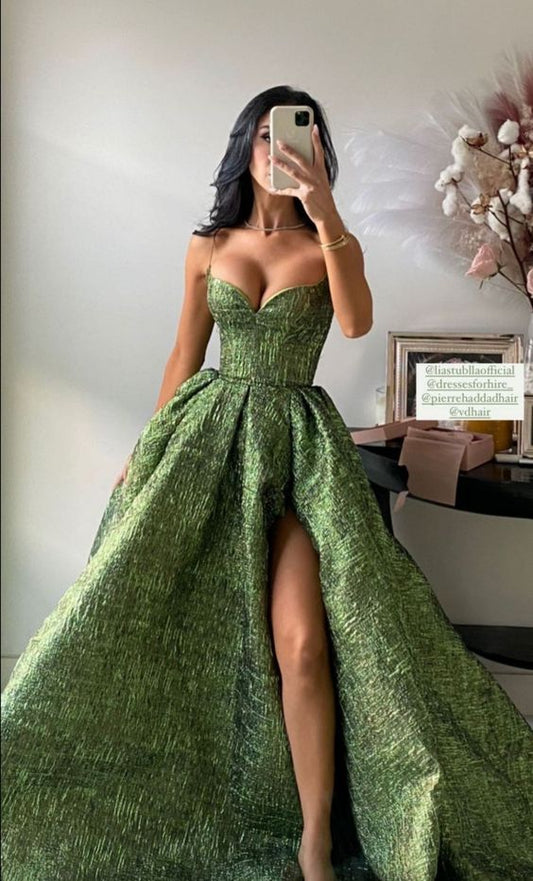 A Line Vintage Spaghetti Straps Green Prom Dress Long Prom Dresses