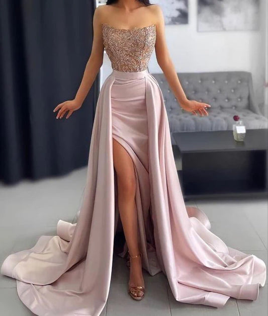 Sheath  Sweep/Brush Train Dresses Sleeveless Strapless Evening Gown Sequins Long Prom Dress With Slit