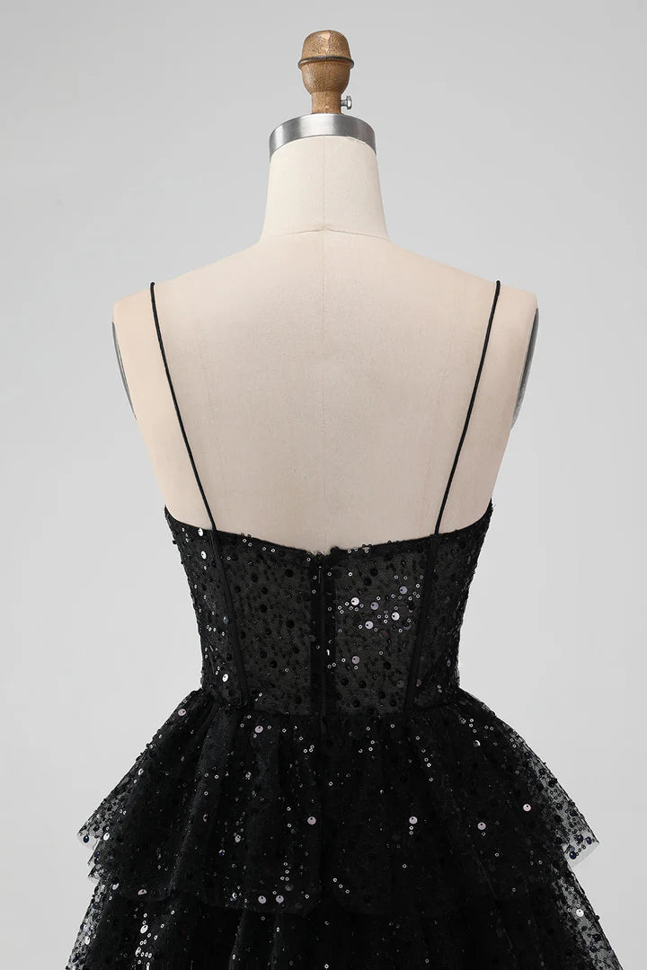 Tulle Sequin Ruffle Tiered Short Homecoming Dress