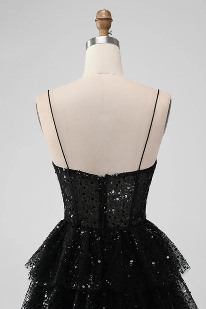 Tulle Sequin Ruffle Tiered Short Homecoming Dress