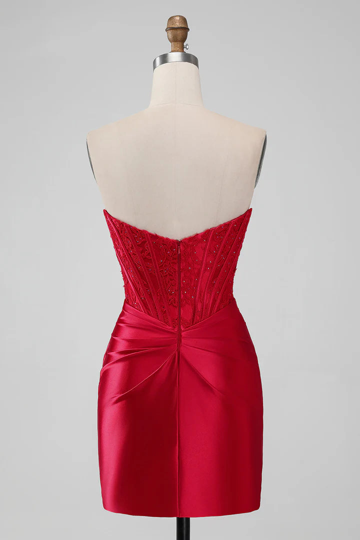 Strapless Lace Ruched Bodycon Short Homecoming Dress