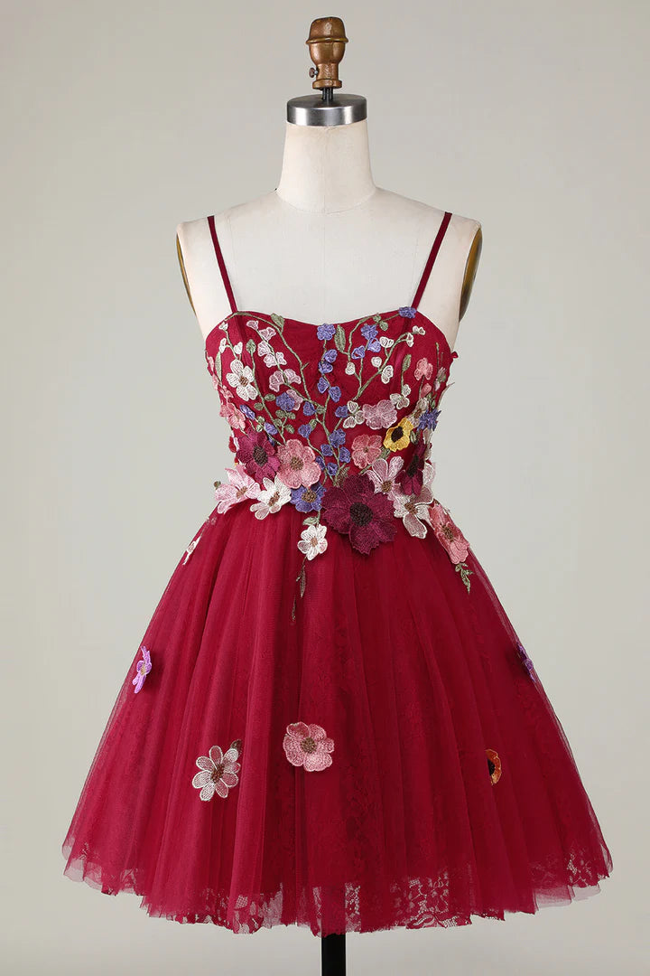 3D Floral Spaghetti Strap A-Line Short Party Dress
