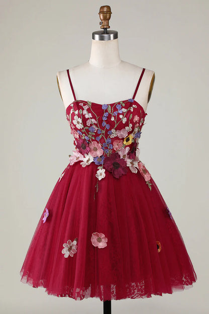 3D Floral Spaghetti Strap A-Line Short Party Dress