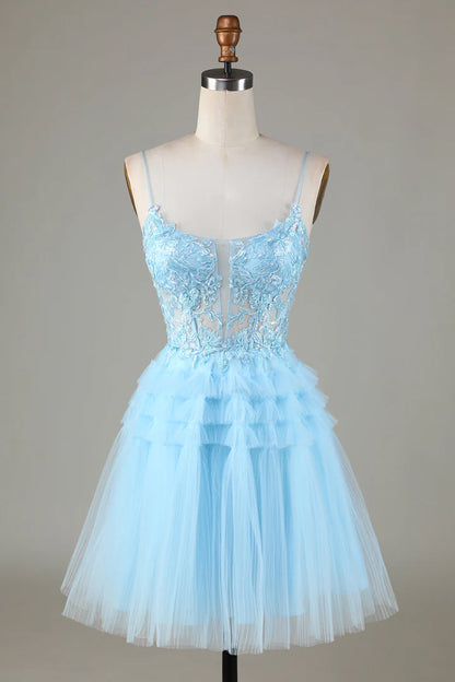 Sheer Bodice Ruffle Tiered Short Homecoming Dress