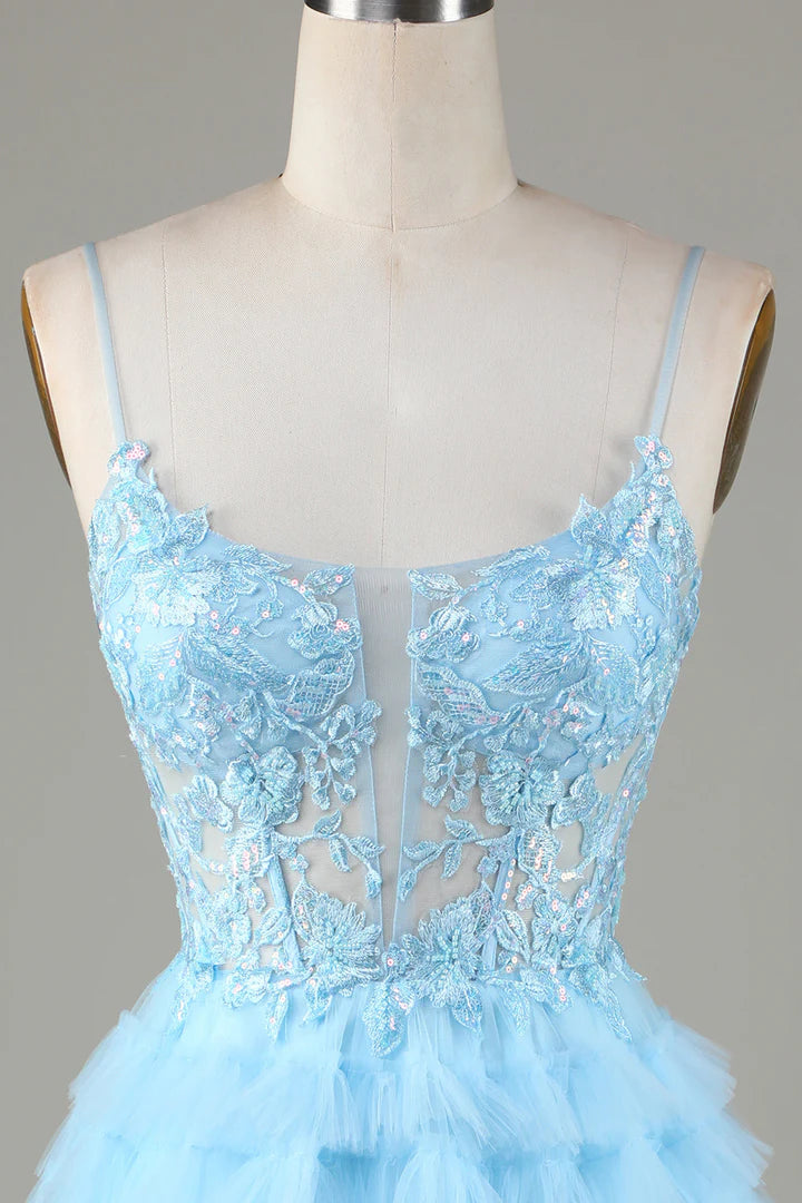 Sheer Bodice Ruffle Tiered Short Homecoming Dress
