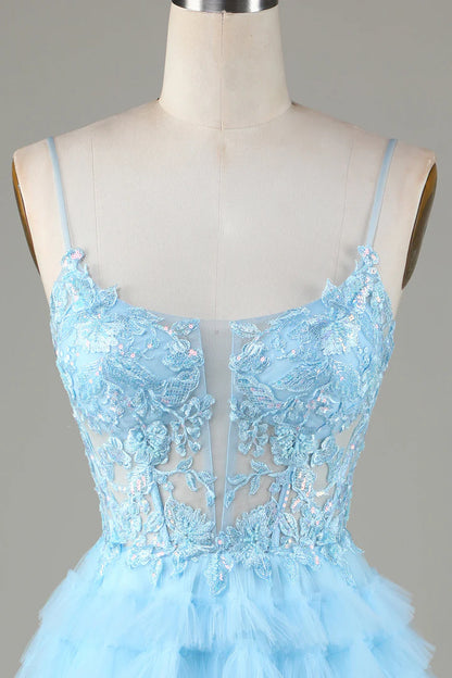 Sheer Bodice Ruffle Tiered Short Homecoming Dress