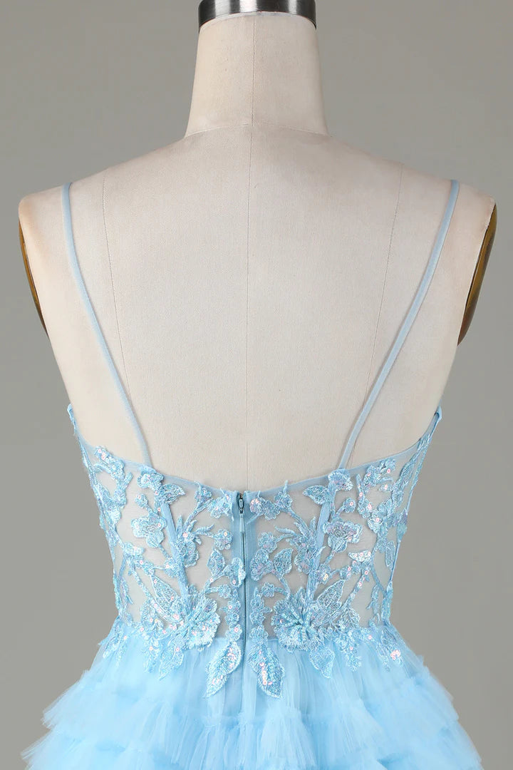 Sheer Bodice Ruffle Tiered Short Homecoming Dress