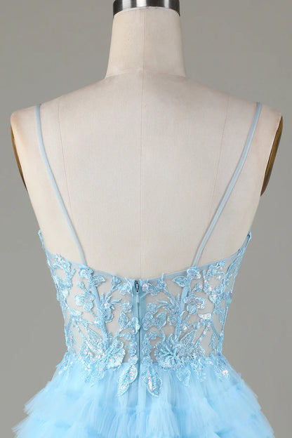 Sheer Bodice Ruffle Tiered Short Homecoming Dress