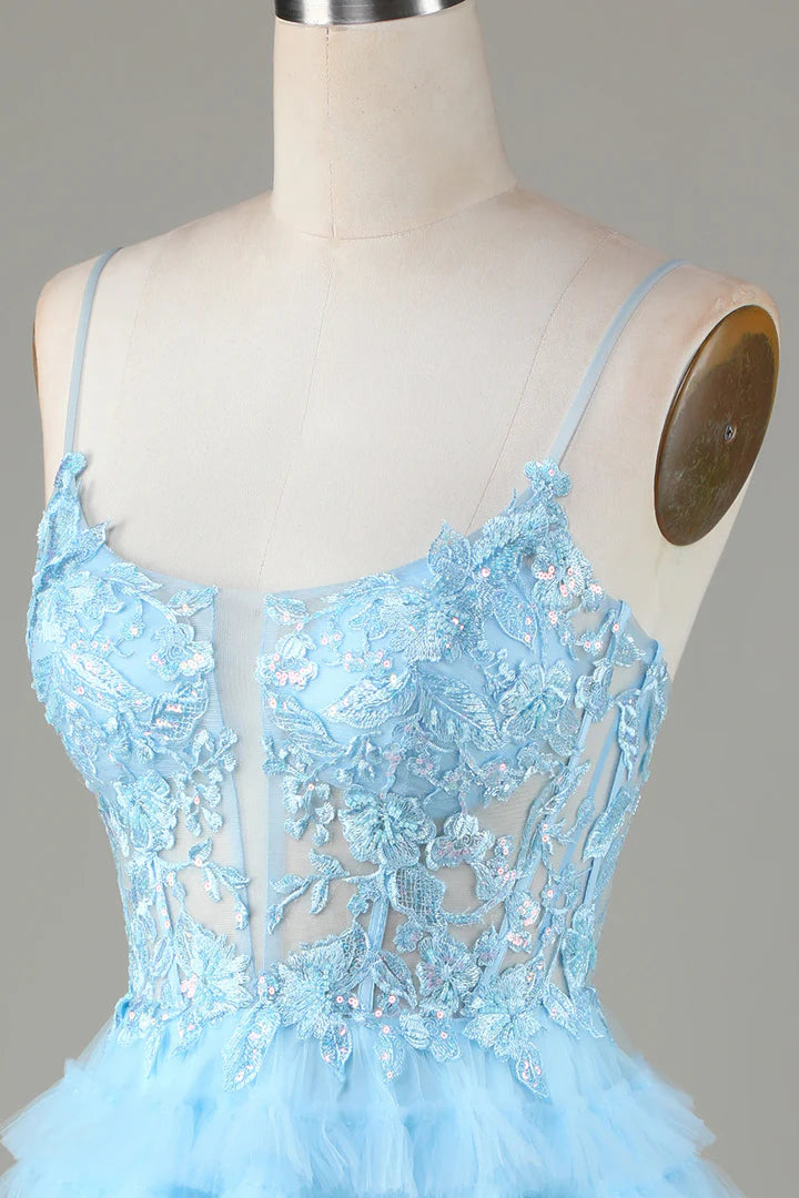 Sheer Bodice Ruffle Tiered Short Homecoming Dress