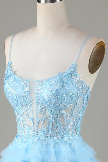 Sheer Bodice Ruffle Tiered Short Homecoming Dress