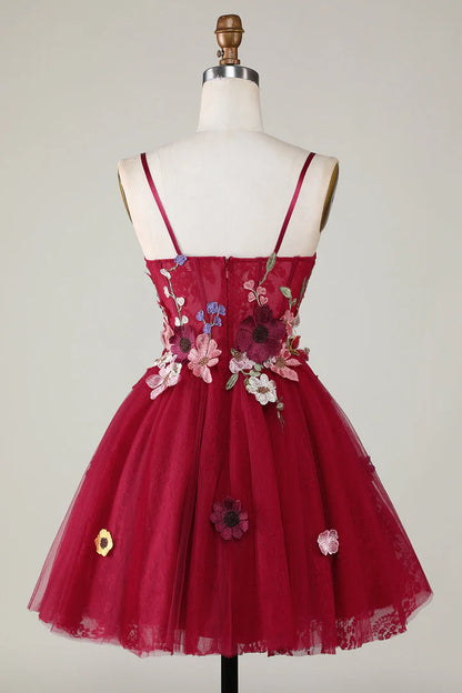 3D Floral Spaghetti Strap A-Line Short Party Dress