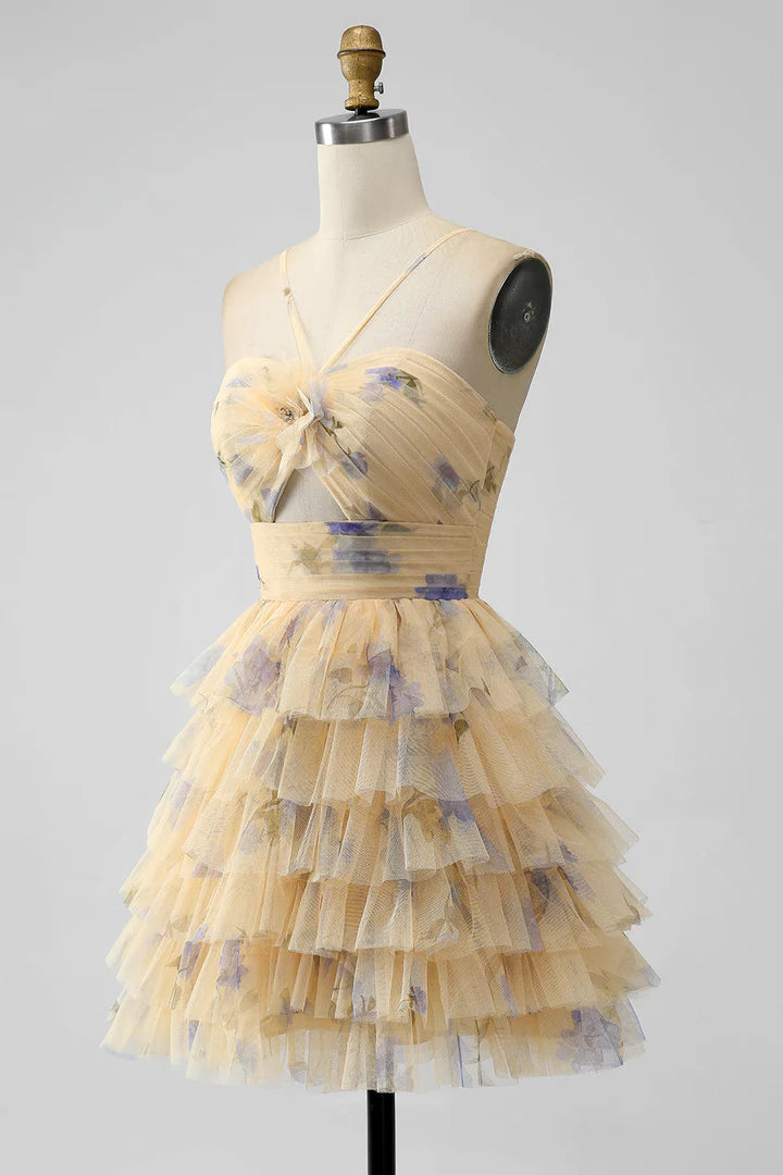 Print Keyhole Ruffle Tiered Short Homecoming Dress