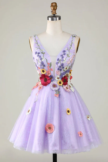 3D Floral V-Neck Backless Homecoming Dress