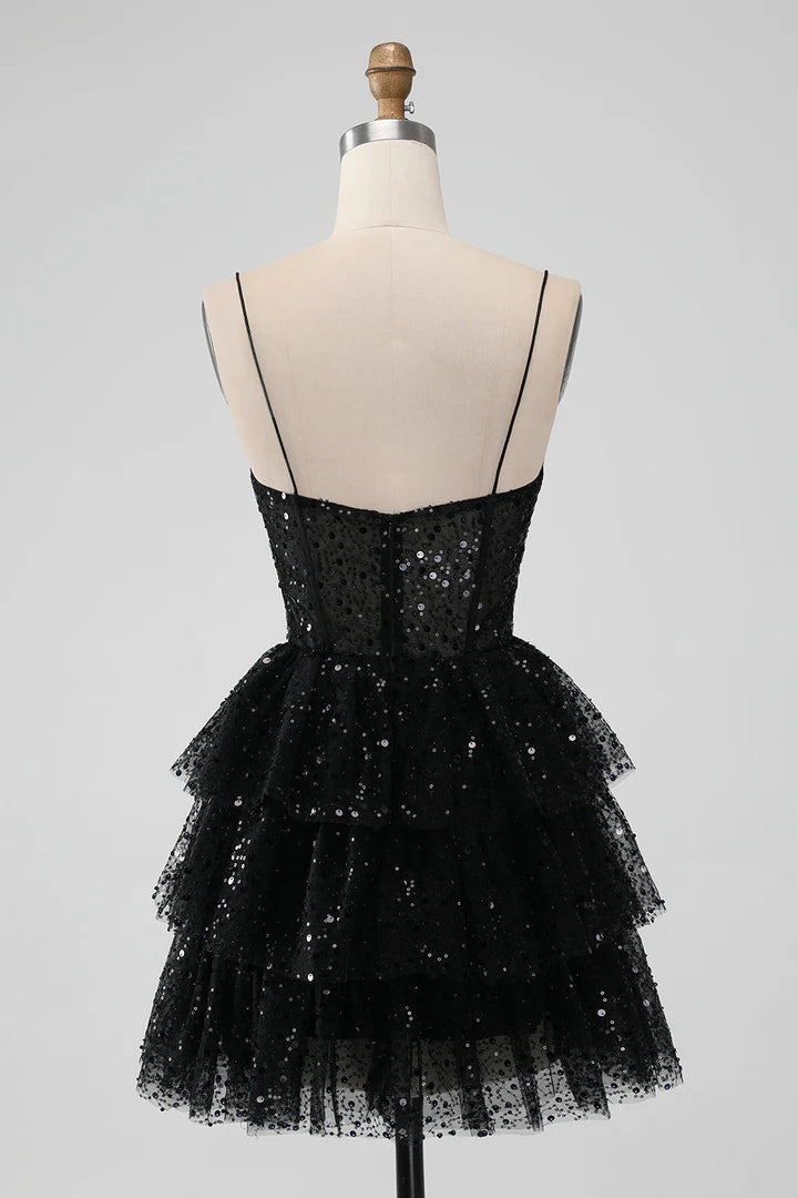 Tulle Sequin Ruffle Tiered Short Homecoming Dress