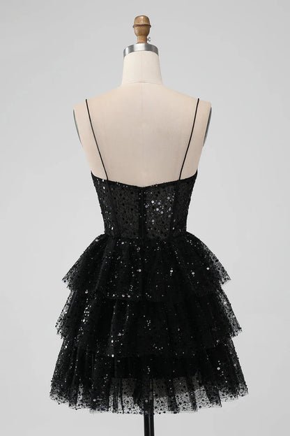 Tulle Sequin Ruffle Tiered Short Homecoming Dress