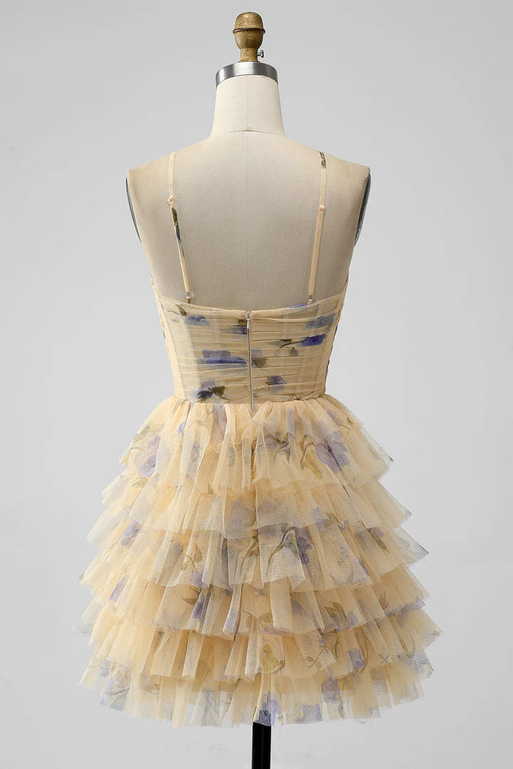 Print Keyhole Ruffle Tiered Short Homecoming Dress