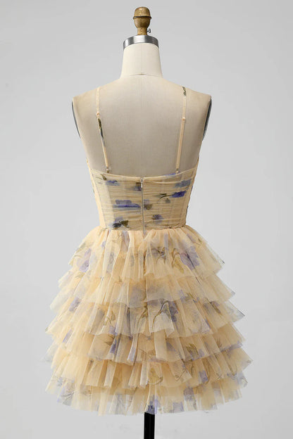 Print Keyhole Ruffle Tiered Short Homecoming Dress