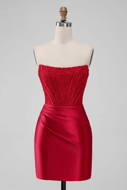Strapless Lace Ruched Bodycon Short Homecoming Dress