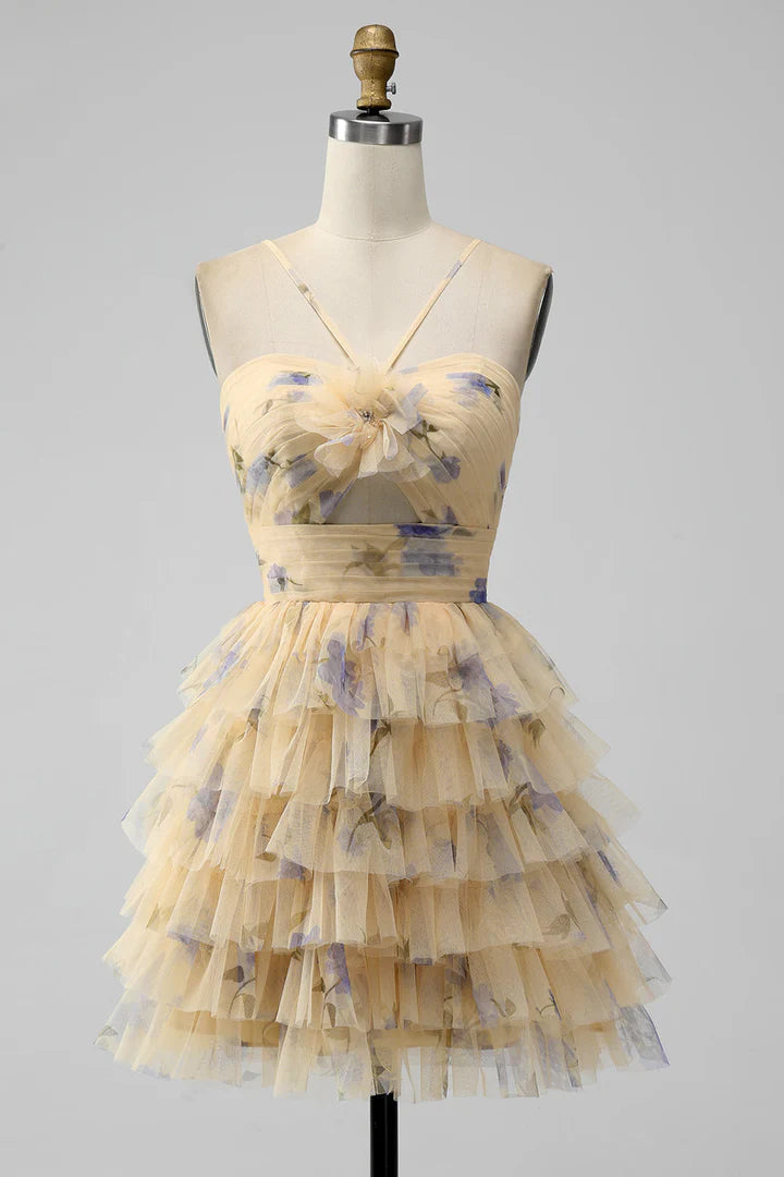 Print Keyhole Ruffle Tiered Short Homecoming Dress