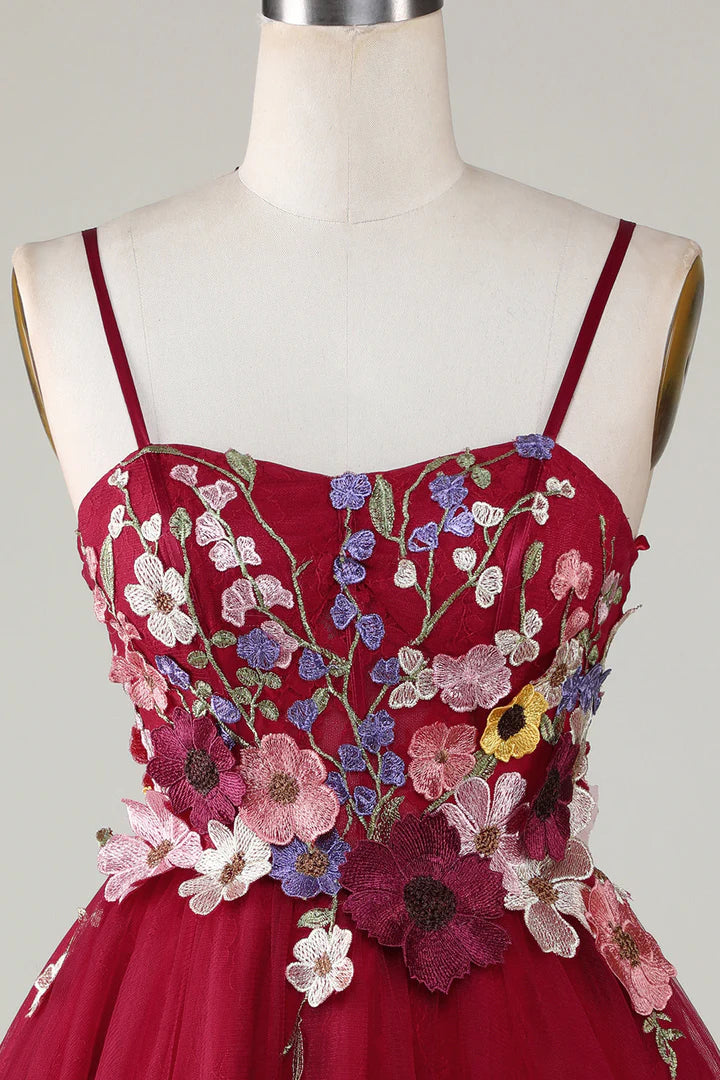 3D Floral Spaghetti Strap A-Line Short Party Dress