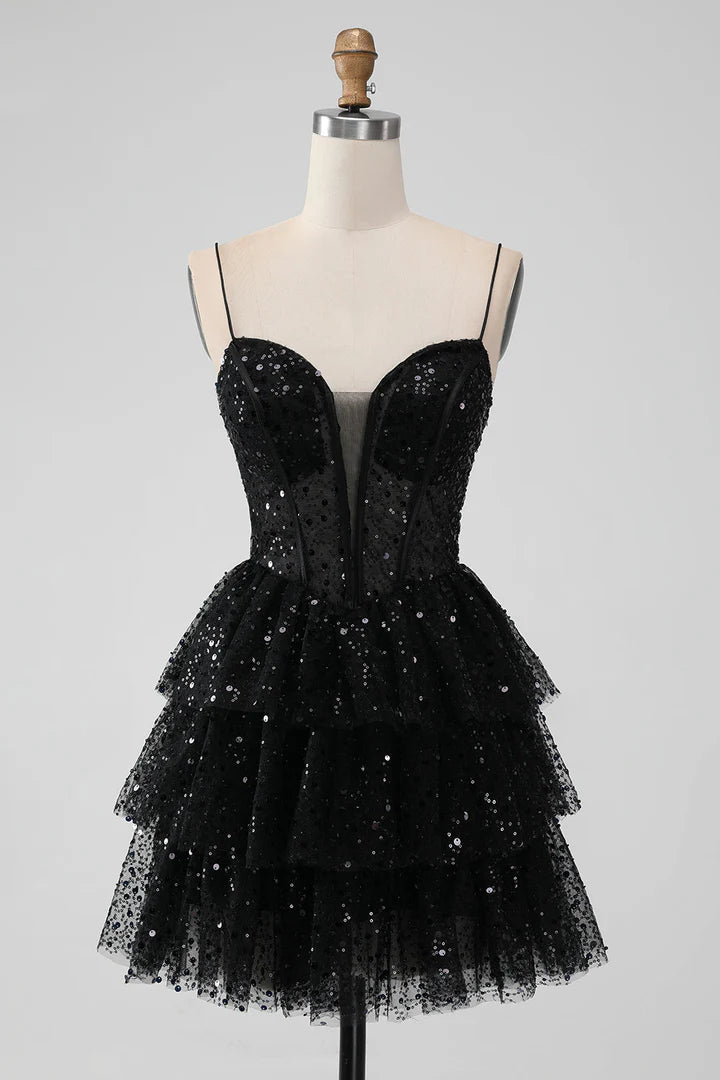 Tulle Sequin Ruffle Tiered Short Homecoming Dress