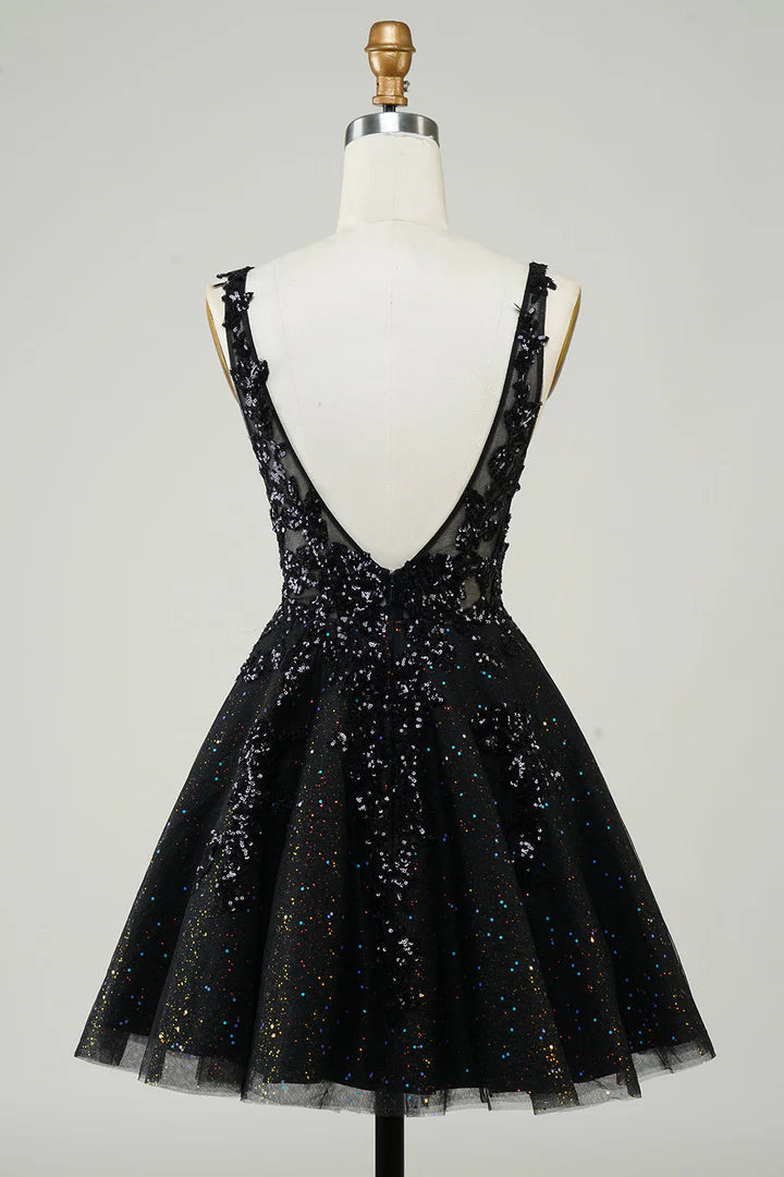 Glitter Applique V-Neck A-Line Homecoming Dress