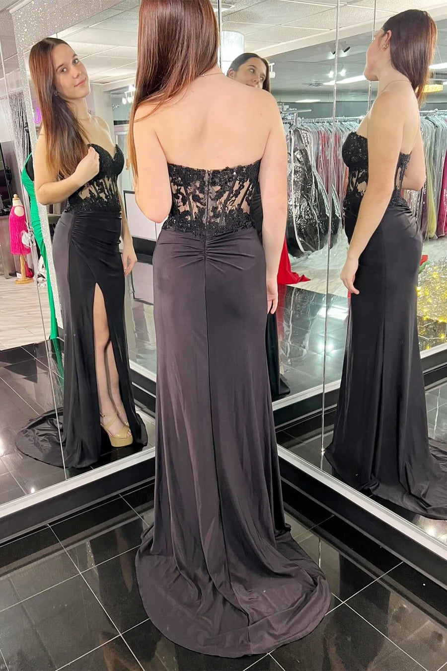 Lace Strapless Sheath Dress with Slit