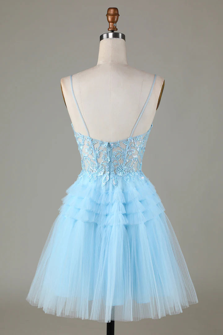 Sheer Bodice Ruffle Tiered Short Homecoming Dress