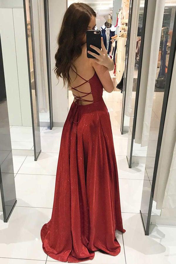 Sleek Glitter Sparking A Line Spaghetti Straps Deep V Neck Backless Long Prom Dresses