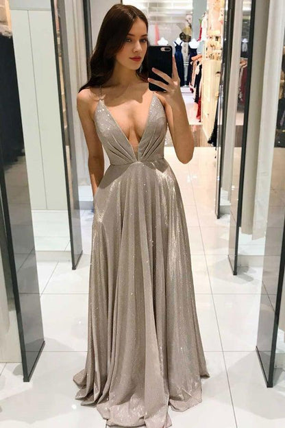 Sleek Glitter Sparking A Line Spaghetti Straps Deep V Neck Backless Long Prom Dresses