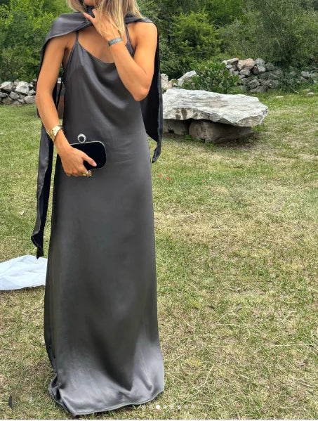 Sexy Modern Gunmetal Satin Halter Neck Capelet Backless A-Line Floor-Length Prom Dress
