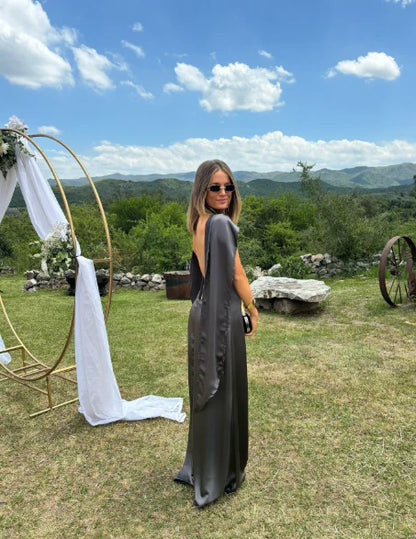 Sexy Modern Gunmetal Satin Halter Neck Capelet Backless A-Line Floor-Length Prom Dress
