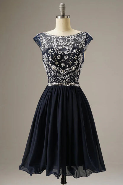 Short-Mini Cap Sleeves Party Dress WIth Beading