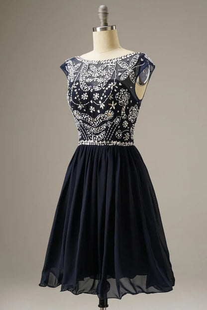 Short-Mini Cap Sleeves Party Dress WIth Beading
