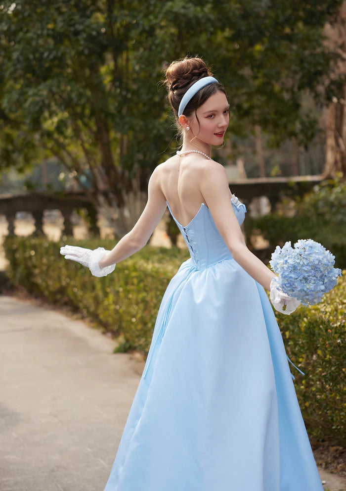 Sky Blue Satin Ball Gowns with Strapless Corset Bodice Lace Trim Lace Up Back and Full Skirt