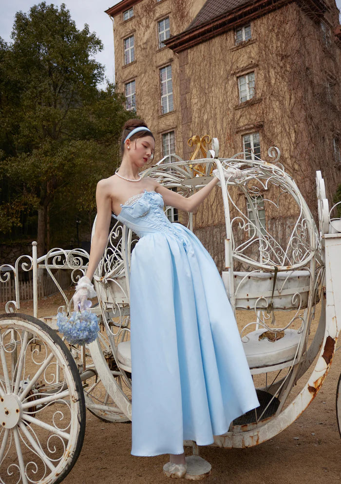 Sky Blue Satin Ball Gowns with Strapless Corset Bodice Lace Trim Lace Up Back and Full Skirt