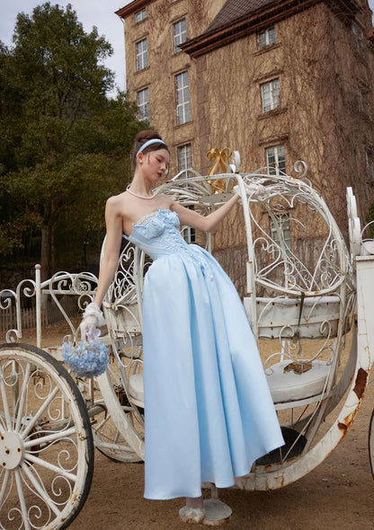 Sky Blue Satin Ball Gowns with Strapless Corset Bodice Lace Trim Lace Up Back and Full Skirt