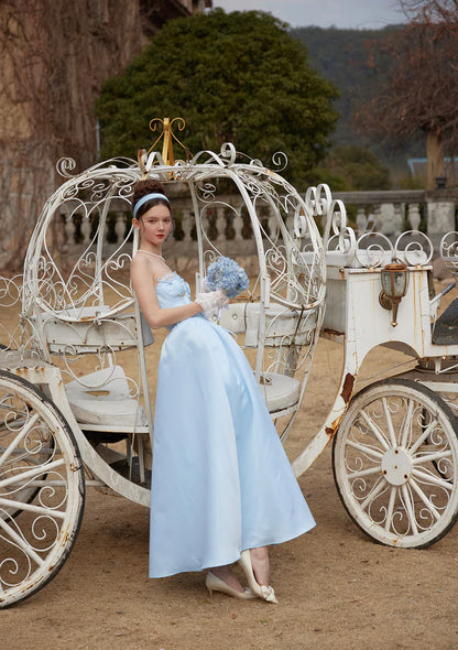 Sky Blue Satin Ball Gowns with Strapless Corset Bodice Lace Trim Lace Up Back and Full Skirt