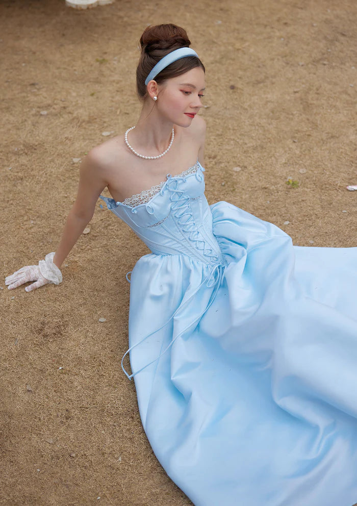 Sky Blue Satin Ball Gowns with Strapless Corset Bodice Lace Trim Lace Up Back and Full Skirt
