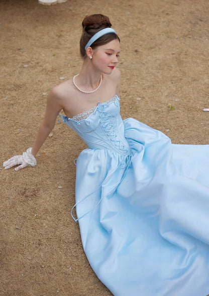 Sky Blue Satin Ball Gowns with Strapless Corset Bodice Lace Trim Lace Up Back and Full Skirt