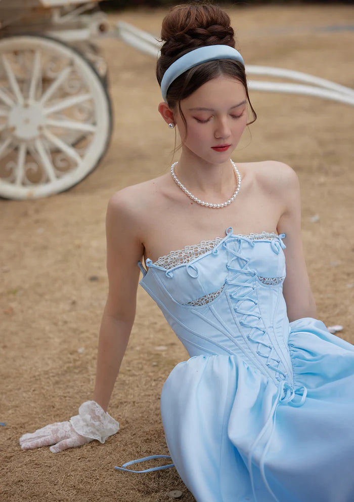 Sky Blue Satin Ball Gowns with Strapless Corset Bodice Lace Trim Lace Up Back and Full Skirt