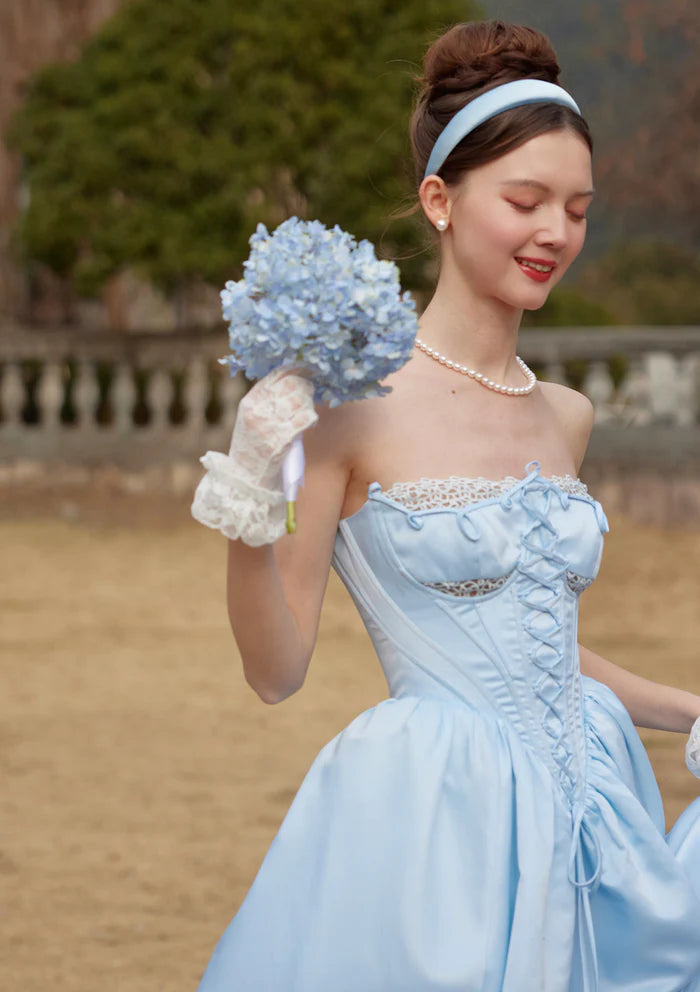 Sky Blue Satin Ball Gowns with Strapless Corset Bodice Lace Trim Lace Up Back and Full Skirt