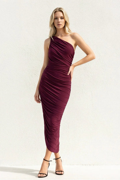 Sleek Ruched One-Shoulder Asymmetrical-Slit Midi Evening Dress