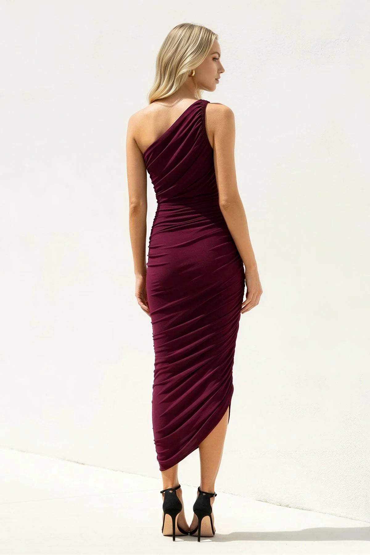 Sleek Ruched One-Shoulder Asymmetrical-Slit Midi Evening Dress